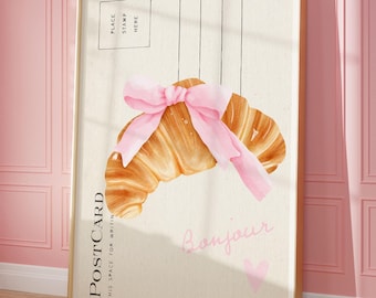 Trendy Croissant Coquette Pink Bow Print, Coquette Aesthetic Print, Pink Nursery Girly Wall Art, French Pastel Hair Bow Poster, Digital Art