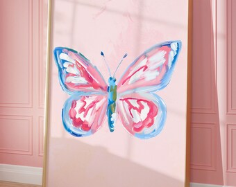 Vlinderprint, roze girly digitale print, meisje kinderkamer schilderij, coquette esthetische, preppy trendy muurkunst, slaapzaal decor