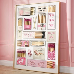 Póster de caja de cerillas de moda de color rosa, impresión vintage de caja de cerillas, arte de pared retro de cerillas rosas, impresión estética divertida para decoración de apartamentos, dormitorios universitarios