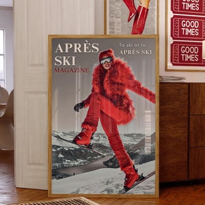 Sztuka ścienna Retro Après Ski, wydruk okładki magazynu, modny plakat, dekoracja pokoju dla dziewcząt sztuka na zabytkowym wózku barowym, zimowa sztuka ścienna do pobrania natychmiast zima