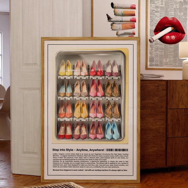 Vintage High Heels Vending Machine Digital Art Print  Retro Style Shoe Advertisement Poster for Fashion Lovers - Printable Wall Art for Home