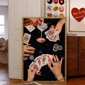 Vintage zwarte muurafdruk speelkaarten, retro pokeravond kaarten en drankjes retro digitale downloadprint, grote afdrukbare, decoraties barwagen