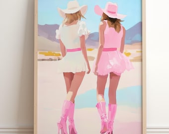 Coastal Cowgirls Painting Pink Cowboy Boots Wall Art Print Preppy Western Aesthetic Printable Poster Trendy Wall Art Girly Friendship Print