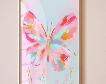Vlinderprint, roze girly digitale print, schilderij kinderkamer meisjeskamer, coquette esthetiek, preppy trendy muurkunst, decor slaapzaal