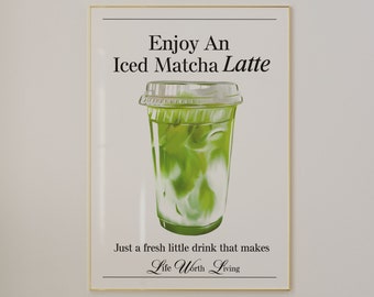 Iced Matcha Latte Print Retro Aesthetic Prints Kitchen Wall Decor Bar Cart Print Apartment Decor Trendy Wall Art Prints Beige Girly Wall Art