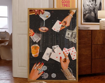 Vintage  Playing Cards Wall Print, Retro Poker Night Cards & Drinks, Retro Digital Download Print, Large Printable, Bar Cart Decorations