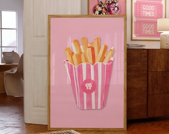 Girly Wall Art French Fries Print, Pink Retro Kitchen Wall Art, Printable Art, Girly Preppy Dorm Room Decor, Retro Painting, Digital Print