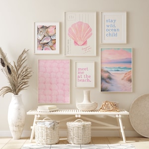 Coastal Wall Art Print Set of 6, Coastal Granddaughter Aesthetic Room Decor, Shells Oyster Printable, Beach Preppy Girls Dorm Room, Digital