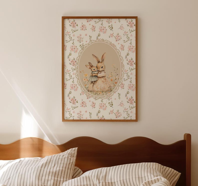 Vintage Cute Bunny Print Dainty Wall Art Prints Flower Poster Aesthetic ...