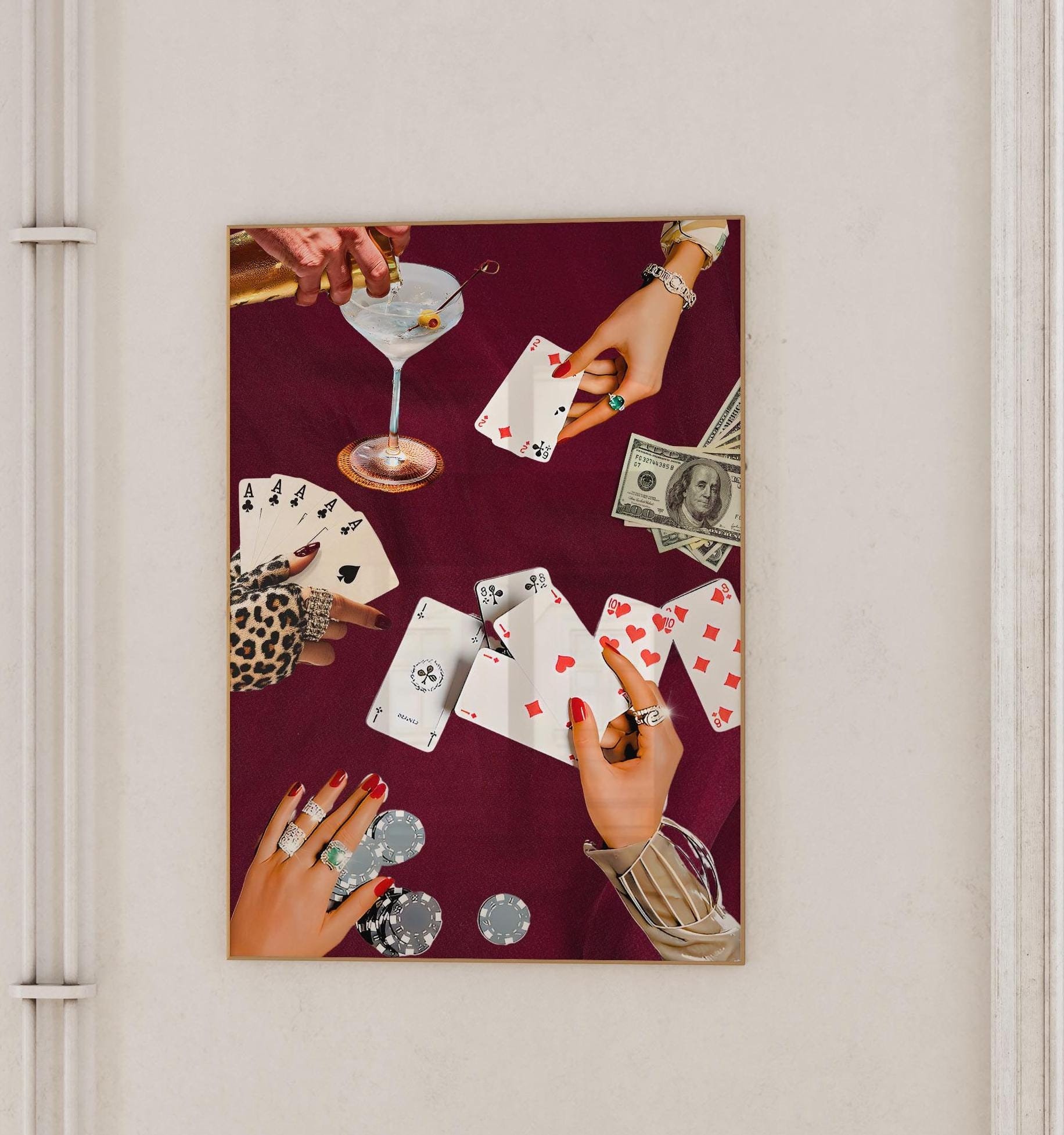 Vintage Burgundy Playing Cards Wall Print Retro Poker Night Cards & Drinks Retro Digital Download Print Large Printable Bar Cart Decorations