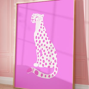 Gepard Druck Funky Dopamin Poster Maximalist Wandkunst Trendige Wandkunst Rosa Weiß Preppy Retro Dekor Leopardenmuster Girly Studentenwohnheim Raum Druck