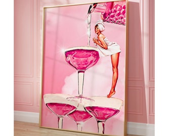 Pink Vintage Bar Cart Print Alcohol Cheers Print, Champagne Glass Printable Wall Art Preppy Wall Decor Bar Cart Signs, Bar Cart Accessories