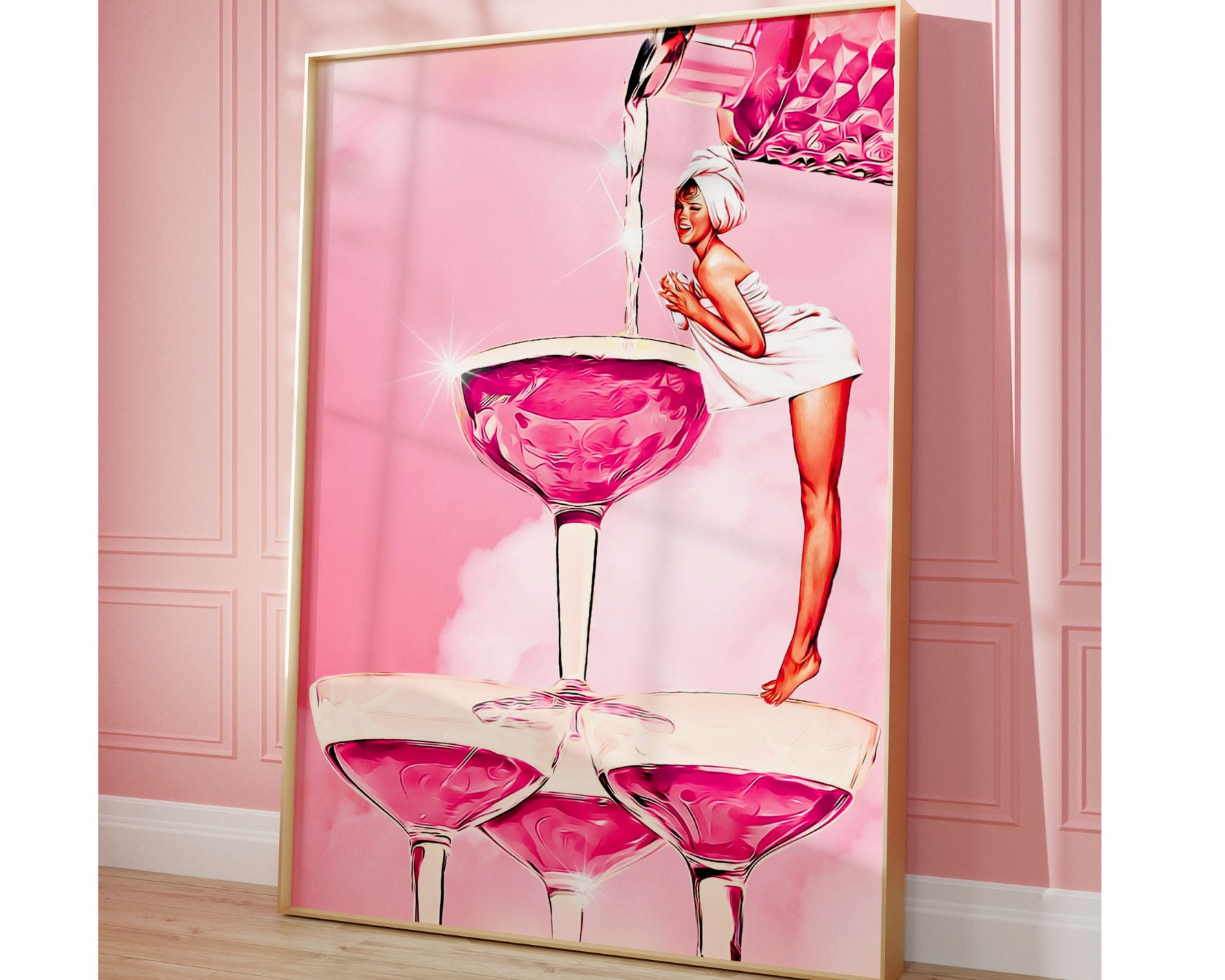 Pink Vintage Bar Cart Print Alcohol Cheers Print, Champagne Glass Printable Wall Art Preppy Wall Decor Bar Cart Signs, Bar Cart Accessories