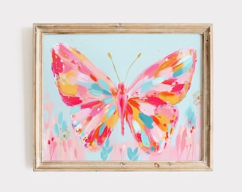 Vlinder horizontale print roze girly digitale print meisjes kinderkamer schilderij coquette esthetiek, preppy trendy muurkunst, decor slaapzaal