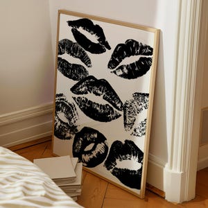Retro Kiss Lips Wall Art, Black Kisses Poster Trendy Wall Art, Printable Girly Print, Coquette Digital Prints Preppy Bar Apartment Aesthetic