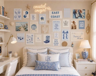 Coastal Cowgirl Wall Art Set of 20+ Blue & White Preppy Dorm Decor Coastal Gallery Wall Bundle Trendy East Coast Aesthetic Digital Download