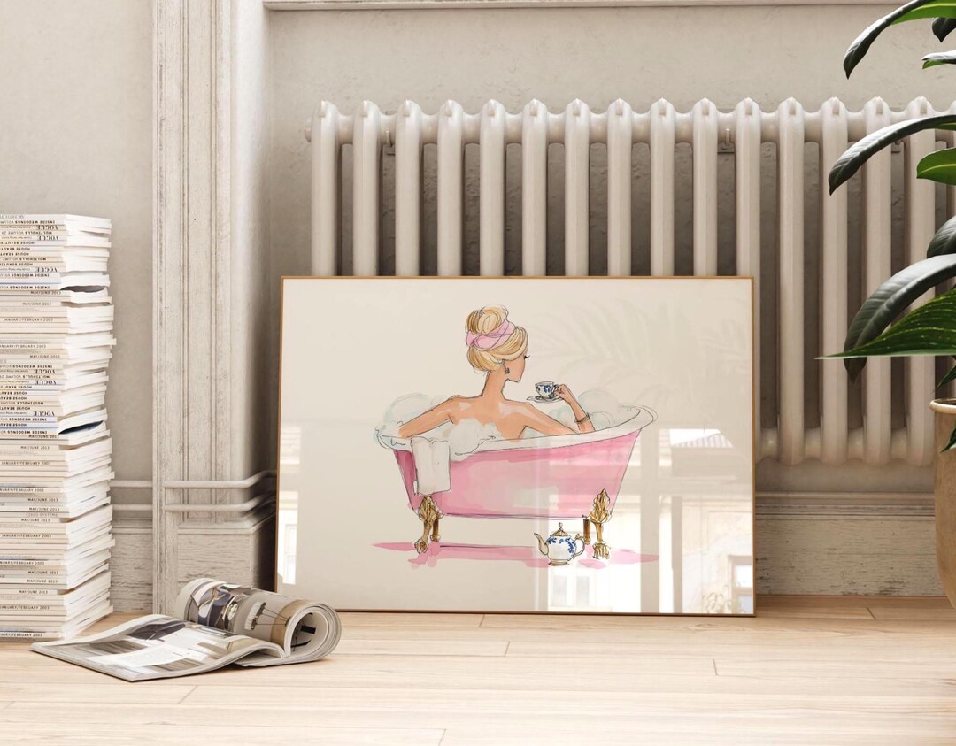 Pink Bathtub Wall Art – Fashion Girl Bubble Bath Print, Feminine ...