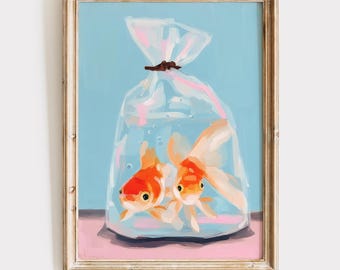Impresión de pareja de peces dorados, lindo arte de pared femenino, impresión digital de verano preppy, arte de pared estético rosa de moda, apartamento universitario, dormitorio estético