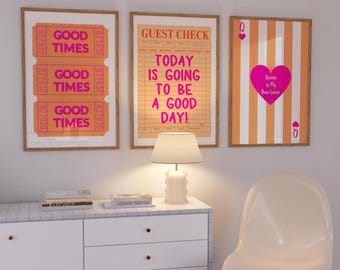 Pink And Orange Prints Wall Art Set Of 3 Three Prints Girly Wall Decor Dorm Bedroom Posters Aesthetic Digital Art College Girl Pink Wall Art