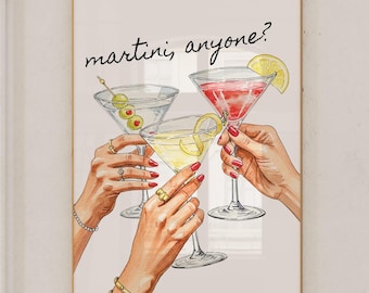 Bar Cart Prints, Cheers Print Trendy Wall Art Printable Kitchen Wall Art Drinks Digital Print Cocktail Print Martini Girly Wall Art Colorful
