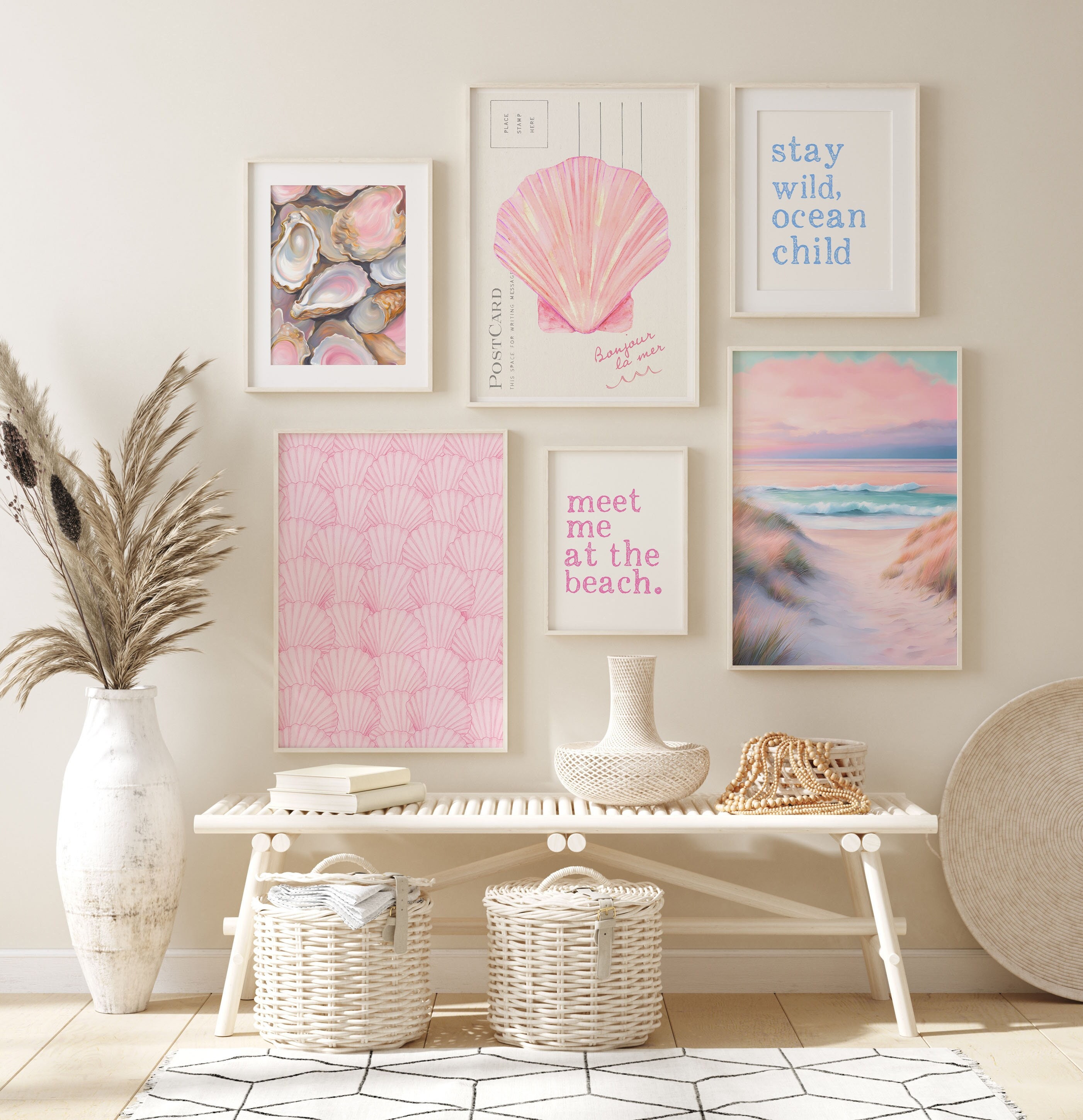 Coastal Wall Art Print Set of 6, Coastal Granddaughter Aesthetic Room Decor, Shells Oyster Printable, Beach Preppy Girls Dorm Room, Digital