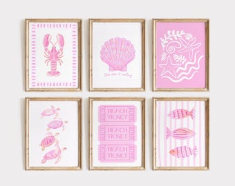 Coastal Print Set of 6 Pink Coastal Wall Art Digital Prints Coastal Granddaughter Aesthetic Beach Girls Dorm Room Trendy Posters Pink Art