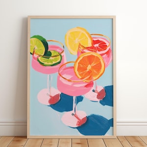 Summer Cocktail Print Vibrant Pink Bar Cart Art Print, Retro Bar Cart Decor Preppy Drink Paint Printable Art Trendy Wall Art, Digital Prints