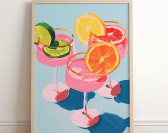 Pink Cocktail Bar Cart Print: Retro Summer Drink Art (Digital Prints
