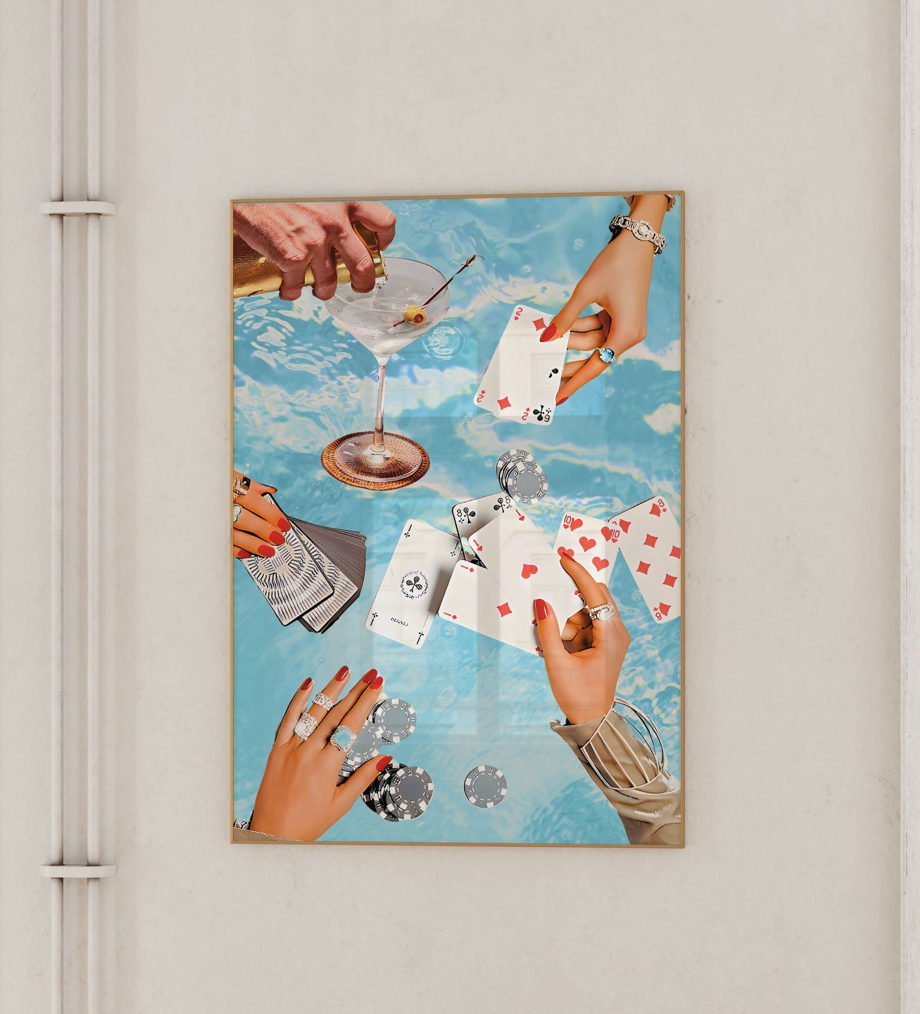 Vintage Blue Playing Cards Wall Print, Retro Poker Night Cards & Drinks