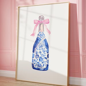 Champagne Print, Coquette Room Decor, Girly Wall Art, Pink Bow Printable Art, Blue White Floral Soft Girl Aesthetic, Trendy Wall Art