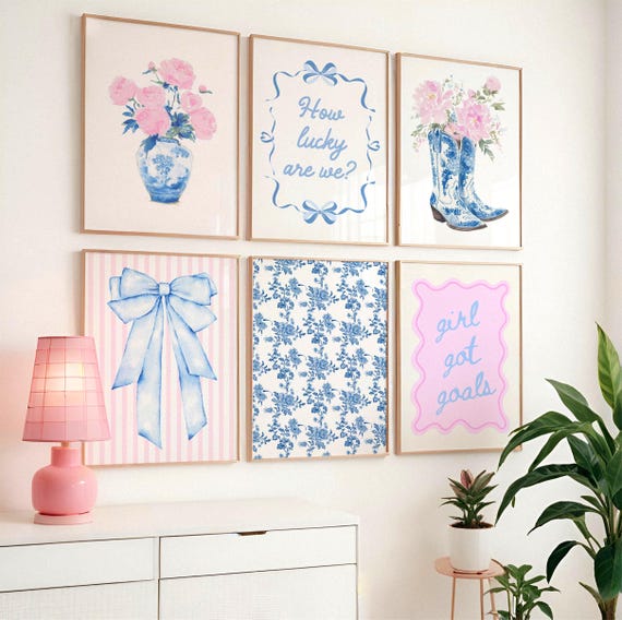 Pink and Blue Coquette Wall Art Set of 6, Preppy Grandmillennial Decor, Blue Bow Chinoiserie Gallery Wall Trendy Dorm Aesthetic, Digital Art