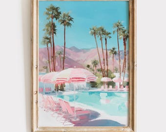 スイミングプールの夏のアートレトロ美的絵画ピンクのプレッピーパームスプリングスのプールサイドビーチウォールアートデジタルプリントレトロプールダウンロード可能なアート