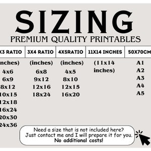 May include: Print sizing chart with various aspect ratios and sizes in inches and centimeters. Includes sizes like 4x6, 6x8, 8x10, 11x14 inches, and 50x70cm. Text reads "Premium Quality Printables" and "Need a size that is not included here? Just contact me and I will prepare it for you. No additional costs!"