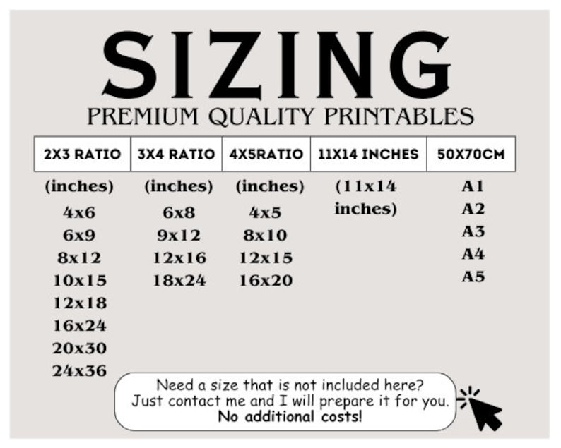 May include: Print sizing chart with various aspect ratios and sizes in inches and centimeters. Includes sizes like 4x6, 6x8, 8x10, 11x14 inches, and 50x70cm. Text reads "Premium Quality Printables" and "Need a size that is not included here? Just contact me and I will prepare it for you. No additional costs!"