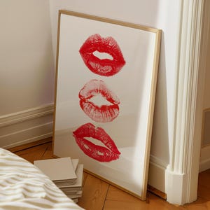 Retro Red Kiss Lips Wall Art, Red Kisses Poster Trendy Wall Art, Printable Girly Print, Funky Digital Prints Preppy Bar Apartment Aesthetic