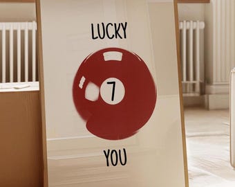 7 Ball Retro Print Estetyczne plakaty Fajna sztuka ścienna Wystrój mieszkania Czerwone i białe retro wydruki bilardowe Funky Wall Art Lucky You Plakat
