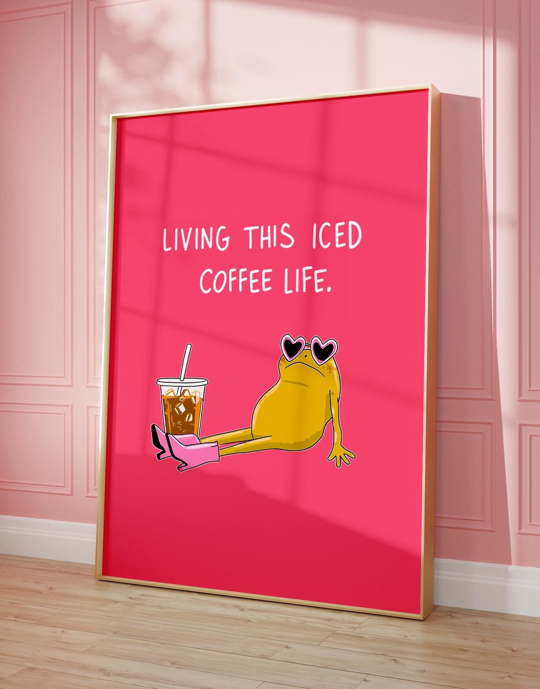 Funky Frog Iced Coffee Pink Wall Art Print Coastal Trendy Maximalist