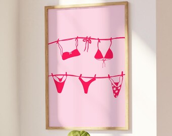 Lámina artística de línea de ropa rosa: Decoración de habitación femenina y coqueta (Descarga digital)