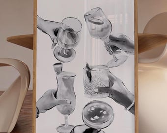 Cheers Drink Print: Black and White Bar Cart Art (Digital Download)