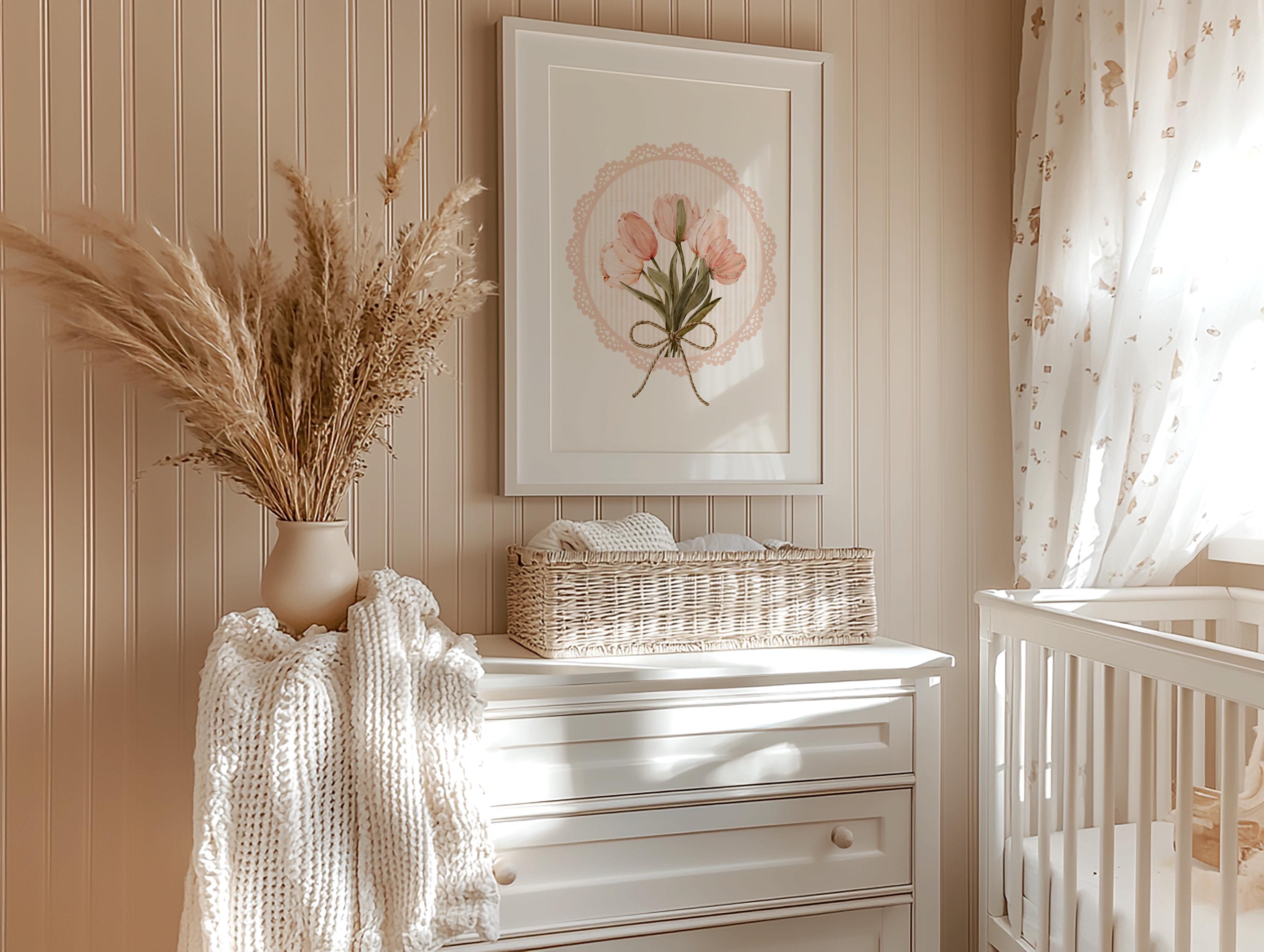 Vintage Pink Tulips Print Dainty Wall Art Prints Flower Poster ...
