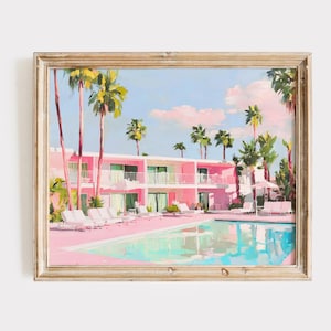Retro Pool Print, Swimming Pool Art Mid Century Palm Spring Modern Aesthetic Painting Pink Preppy Beach Wall Art Retro Motel Digital Print
