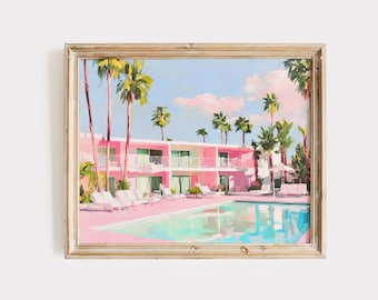 レトロなプールプリント、スイミングプールアート、ミッドセンチュリーパームスプリングモダン美的絵画、ピンクプレッピービーチウォールアート、レトロモーテルデジタルプリント