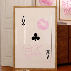 Playing Card Print Lucky Girl Kiss Trendy Girly Wall Art Prints Retro Bar Cart Decor Black Pink White Digital Prints Trendy Printable Art
