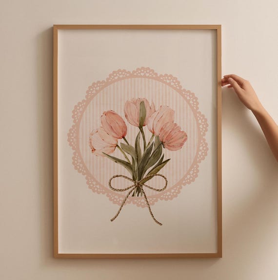 Vintage Pink Tulips Print Dainty Wall Art Prints Flower Poster Aesthetic Printable Art Pink Wall Decor Coquette Posters Kids Nursery Easter