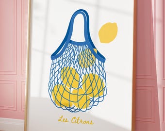 Lemon Art Print: Blue & Yellow Citrus Still Life (Digital Download)