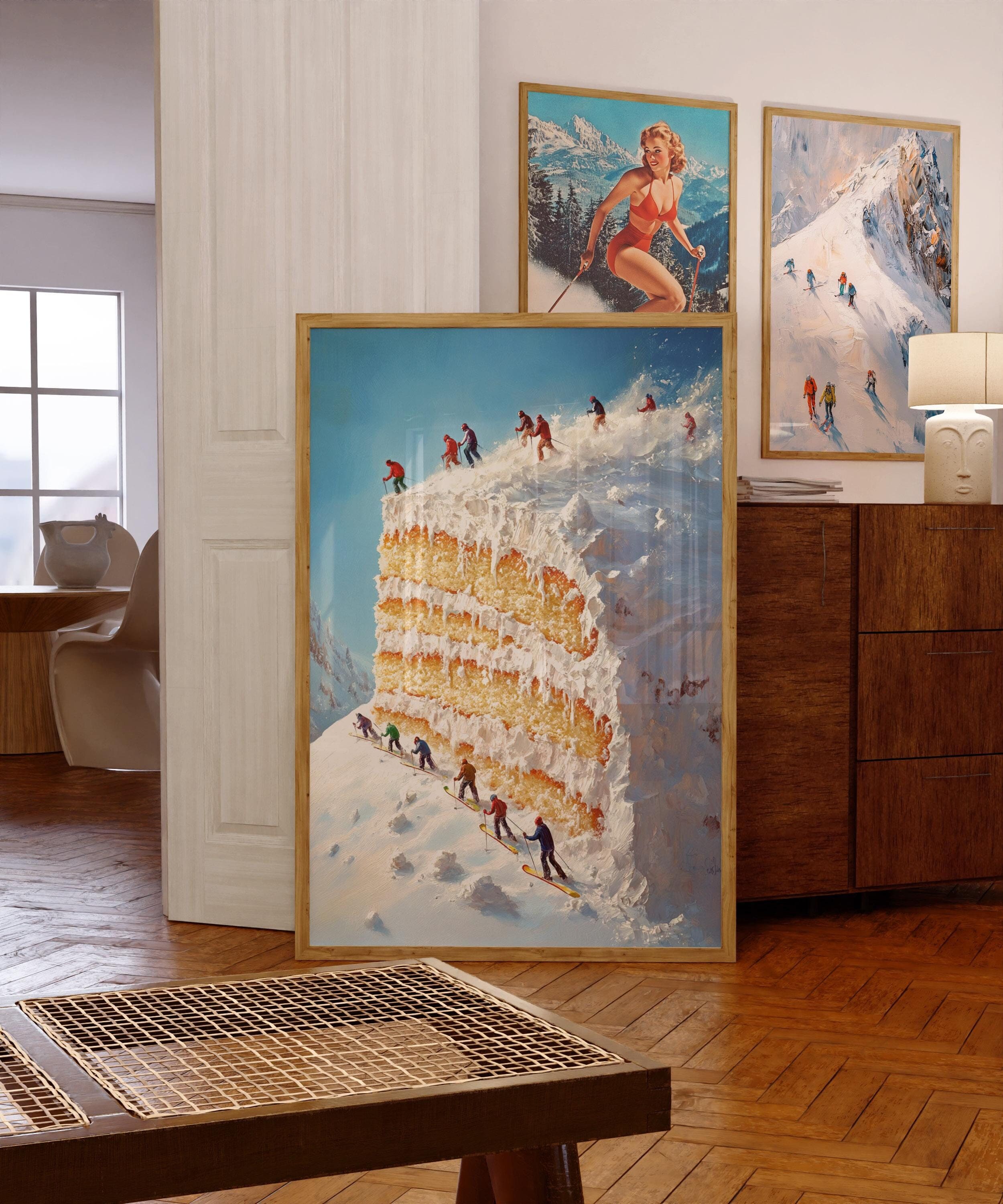 Retro Funky Apres Ski Wall Art Mini Skiers On Frosty Cake Print Cozy Ski Cabin Decor Vintage Bar Cart Art Winter Wall Art Minimal Home Decor