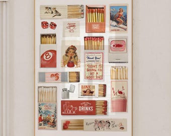 Trendy Matchbook Red Retro Poster Vintage Matchbox Print Retro Red Matches Wall Art Funky Aesthetic Print for Apartment Après-Ski