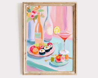 Pink Cocktail Bar Cart Print: Retro Summer Drink Art (Digital Prints