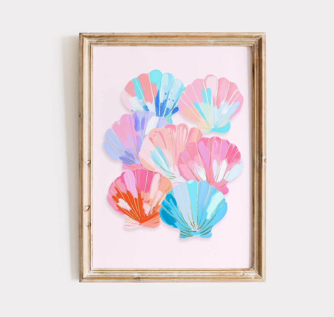 Coastal Seashell Wall Art Print: Pastel Pink & Blue Beach Decor ...