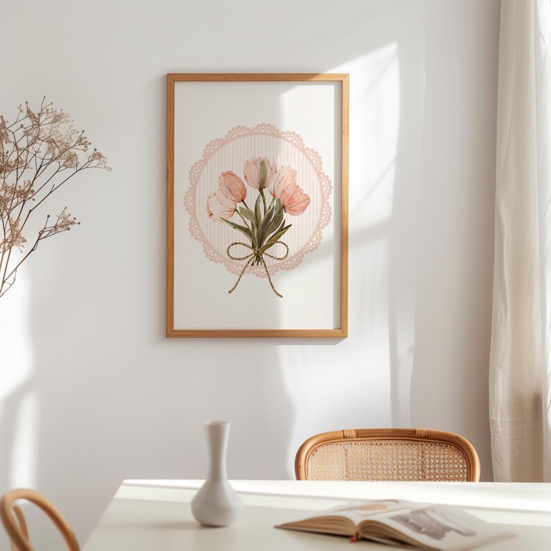 Vintage Pink Tulips Print Dainty Wall Art Prints Flower Poster ...